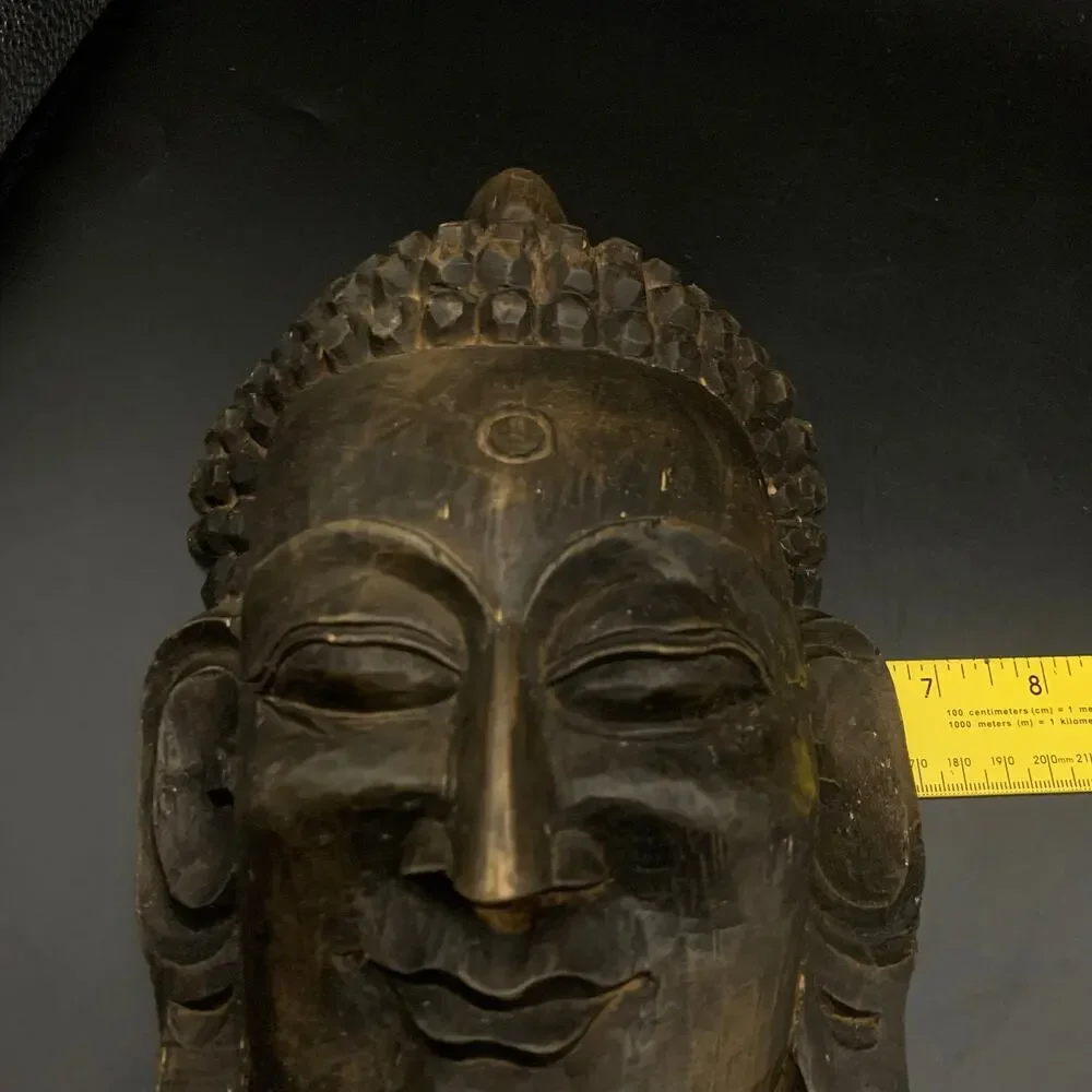 Vintage Gautam Buddha Nepal Head Face Mask Hand Carved Wood Wall Hanging